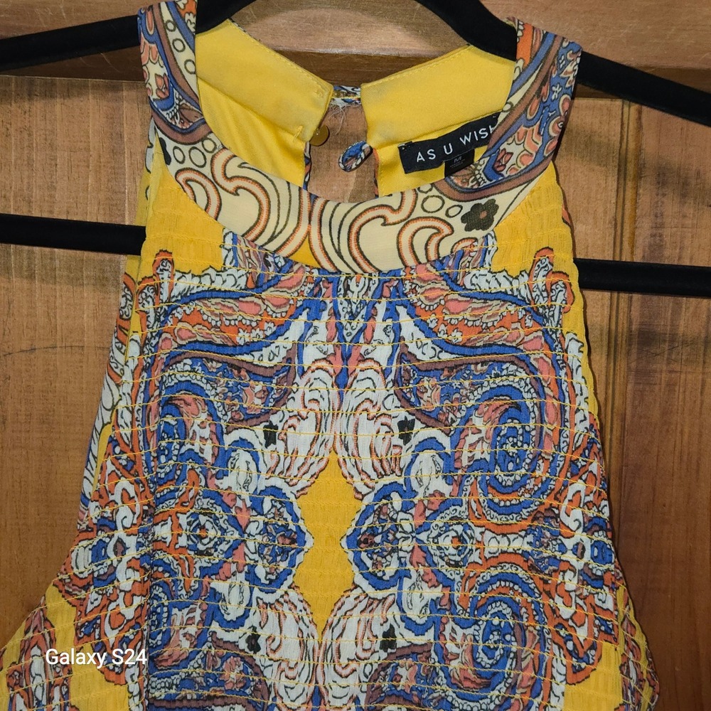 As U Wish Womens Yellow Paisley Halter Maxi Dress Smocked Bodice Size Medium